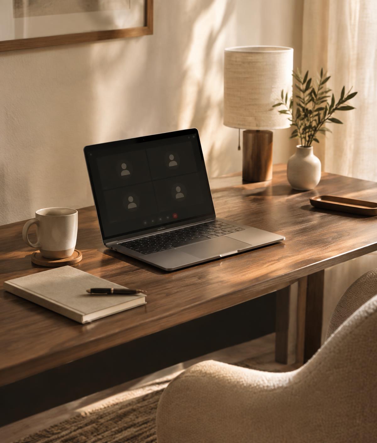 A calm desk with a laptop during a video consultation